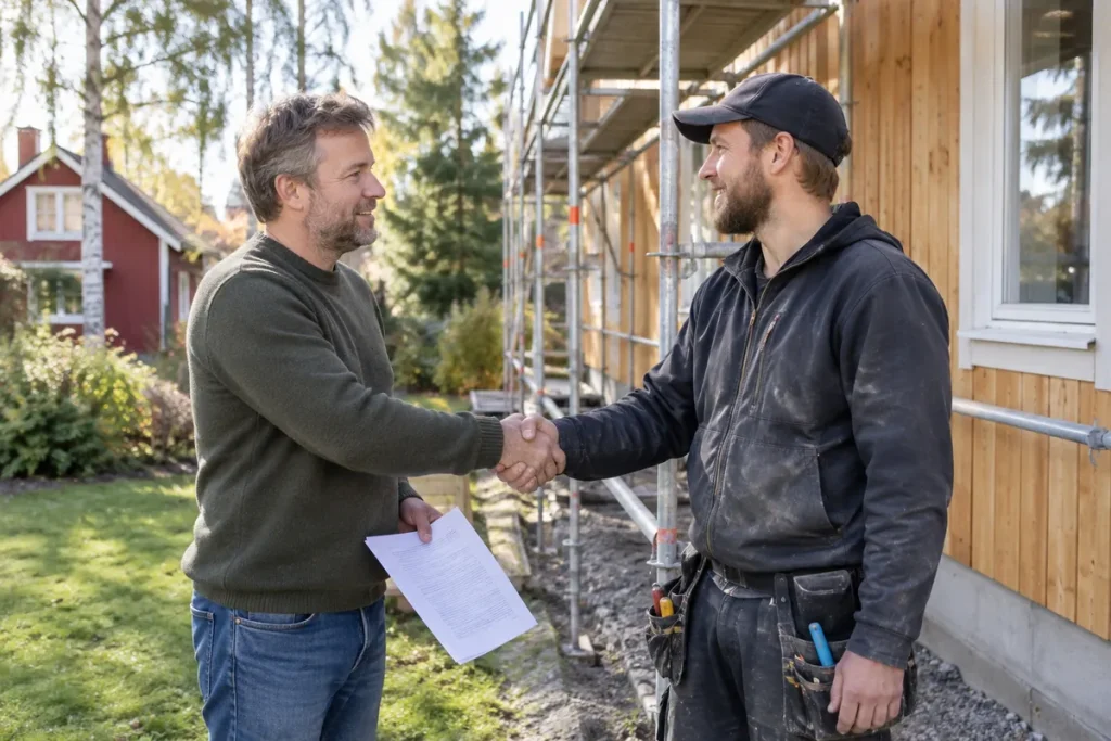 Husägare och byggentreprenör skakar hand framför ett trähus med byggställning