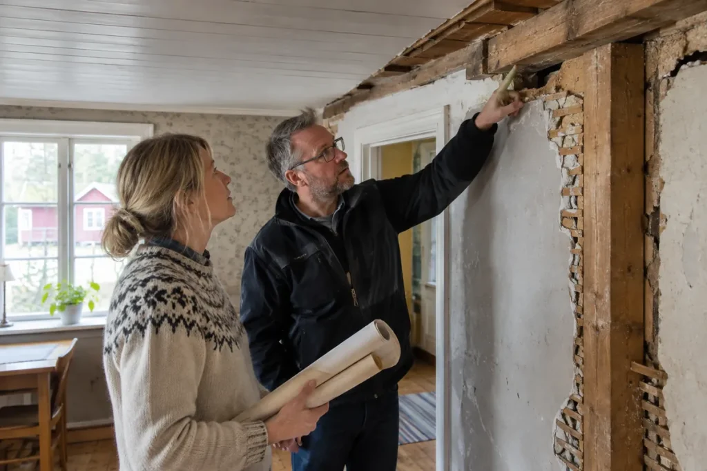 Husägare och konstruktör undersöker en innervägg där takbjälkarna vilar på väggen