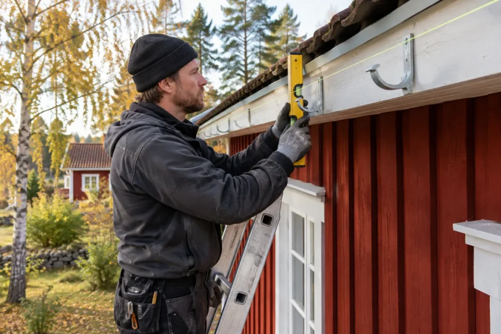 Man kontrollerar lutningen på hängrännekrokar med vattenpass och snöre vid takfoten på ett rött trähus