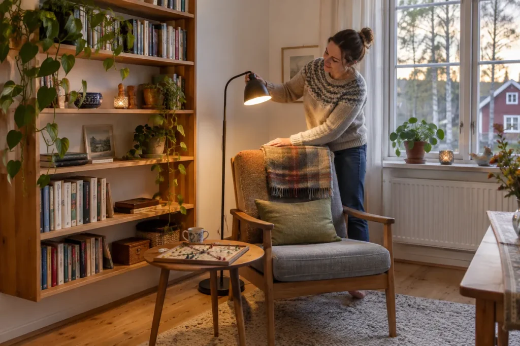 Läshörna med fåtölj, läslampa och bokhylla i ett ljust vardagsrum