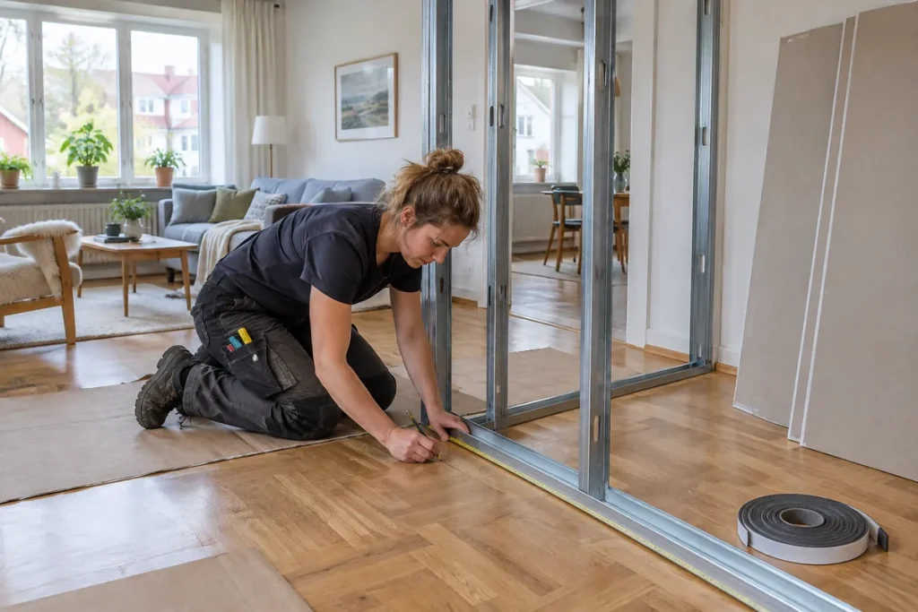 Person markerar var en ny innervägg ska stå på ett parkettgolv bredvid en regelstomme av stål