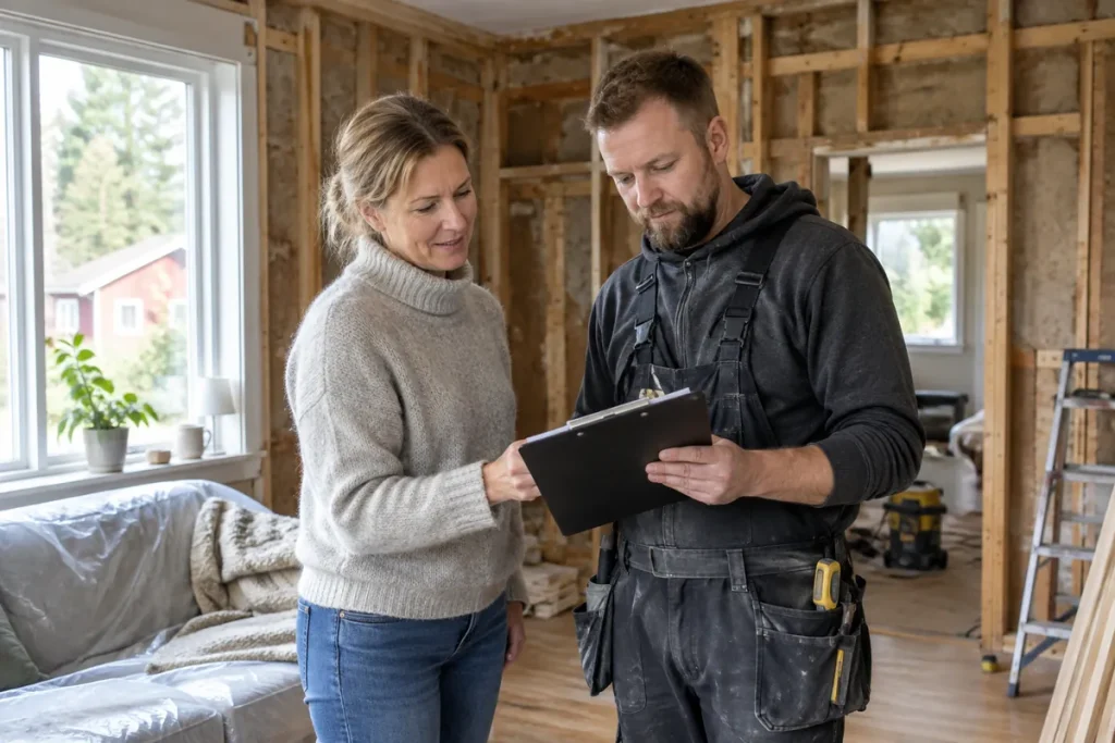 Husägare och snickare går igenom en offert tillsammans i ett vardagsrum under renovering