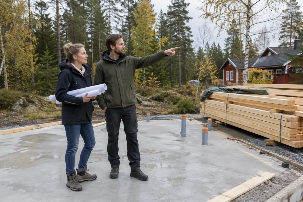 Par står på en nygjuten husgrund på sin tomt och går igenom ritningarna till huset